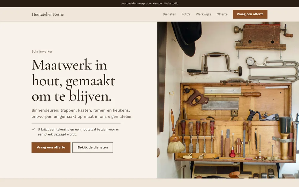 Schermafbeelding van het voorbeeldontwerp Houtatelier Nethe op een computer