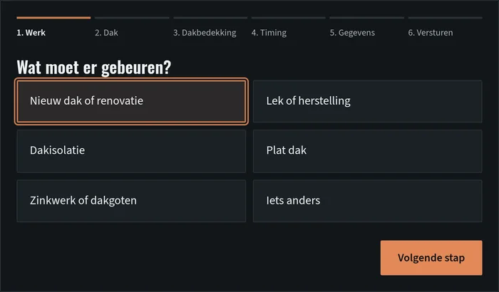 Offerteformulier van het voorbeeldontwerp Dakwerken Hoogland bij de eerste stap: wat moet er gebeuren, met keuzes zoals nieuw dak of renovatie, lek of herstelling en dakisolatie