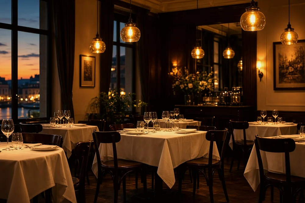 Gedekte tafels in een warm verlicht restaurant