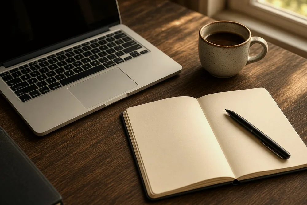 Bureau met laptop, notitieboek en koffie voor starters