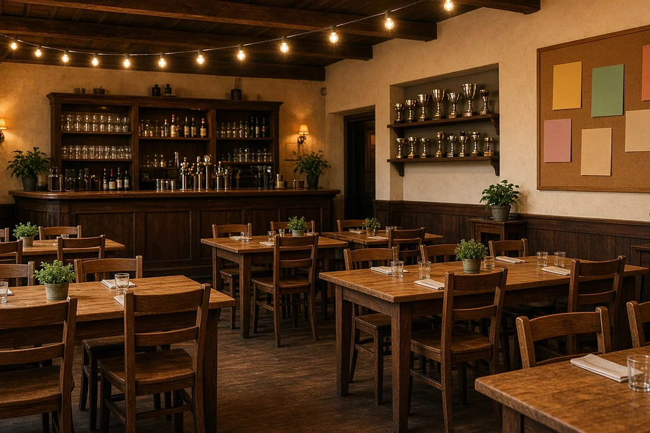 Clublokaal van een vereniging met houten tafels, een bar en een plank met bekers