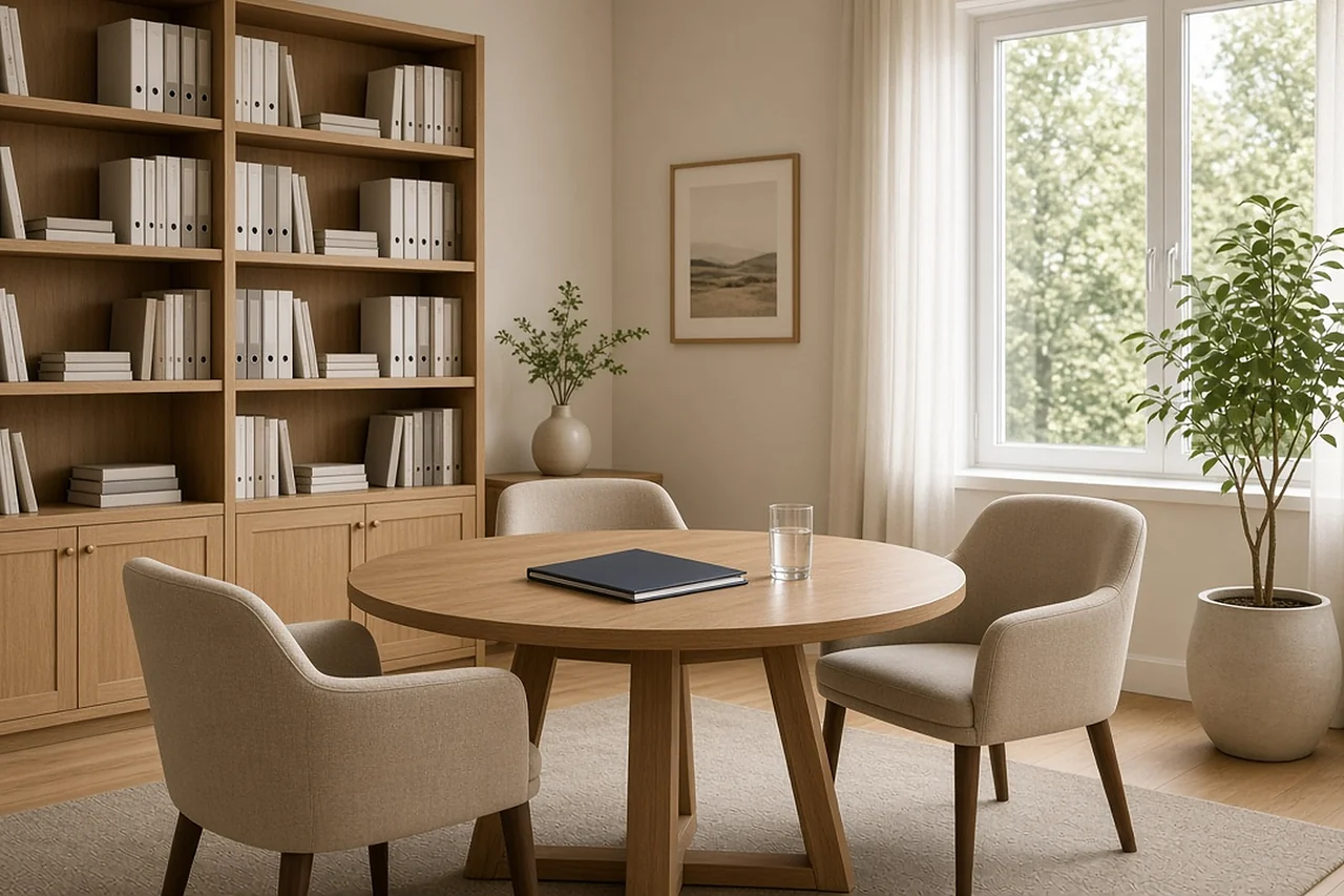 Spreekkamer met een ronde tafel, twee stoelen en een boekenkast met mappen