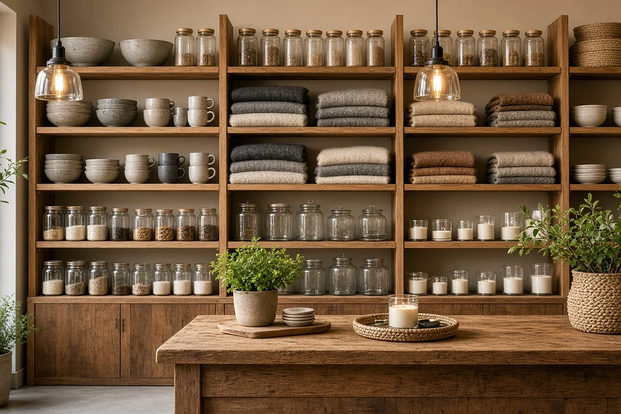 Houten winkelrekken met keramiek, glazen potten, sjaals en kaarsen in een kleine winkel