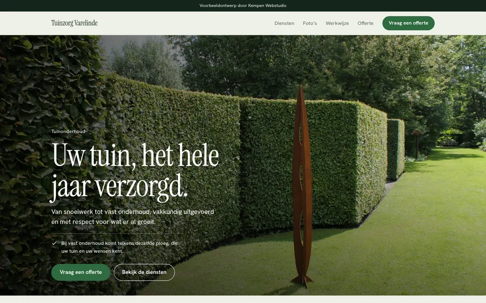 Schermafbeelding van het voorbeeldontwerp Tuinzorg Varelinde op een computer
