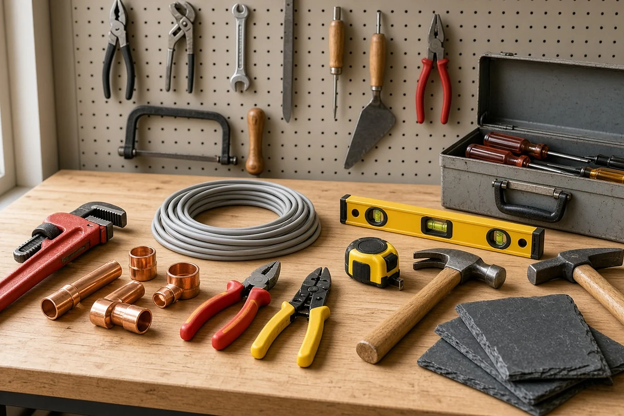 Werkbank met gereedschap van loodgieter, elektricien en dakwerker: pijptang, koperen buizen, kabel, waterpas, rolmeter, hamers en leien